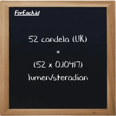 Cara konversi candela (UK) ke lumen/steradian (uk cd ke lm/sr): 52 candela (UK) (uk cd) setara dengan 52 dikalikan dengan 0.10417 lumen/steradian (lm/sr)